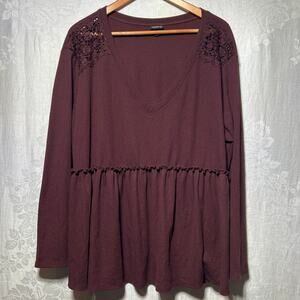 Torrid Top 2 2X Burgundy Thermal Waffle Knit Lace Detail Peplum Babydoll